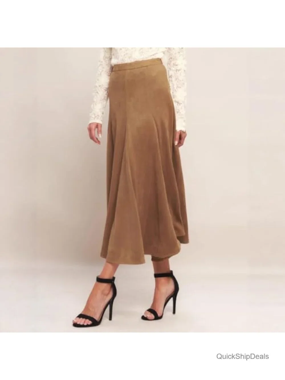 Faux Suede Midi Skirt High Waisted Ruffle A Line Flared Fall Winter Long